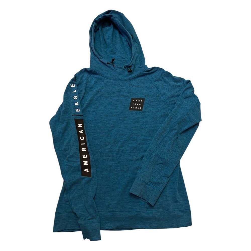 American Eagle Men’s Large Teal Blue Heathered Graphic Pullover Hoodie L